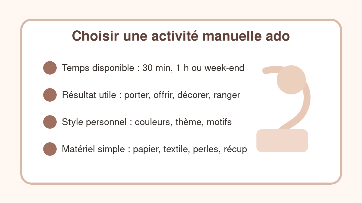 Méthode pour choisir une activité manuelle ado selon le temps, le niveau et le matériel