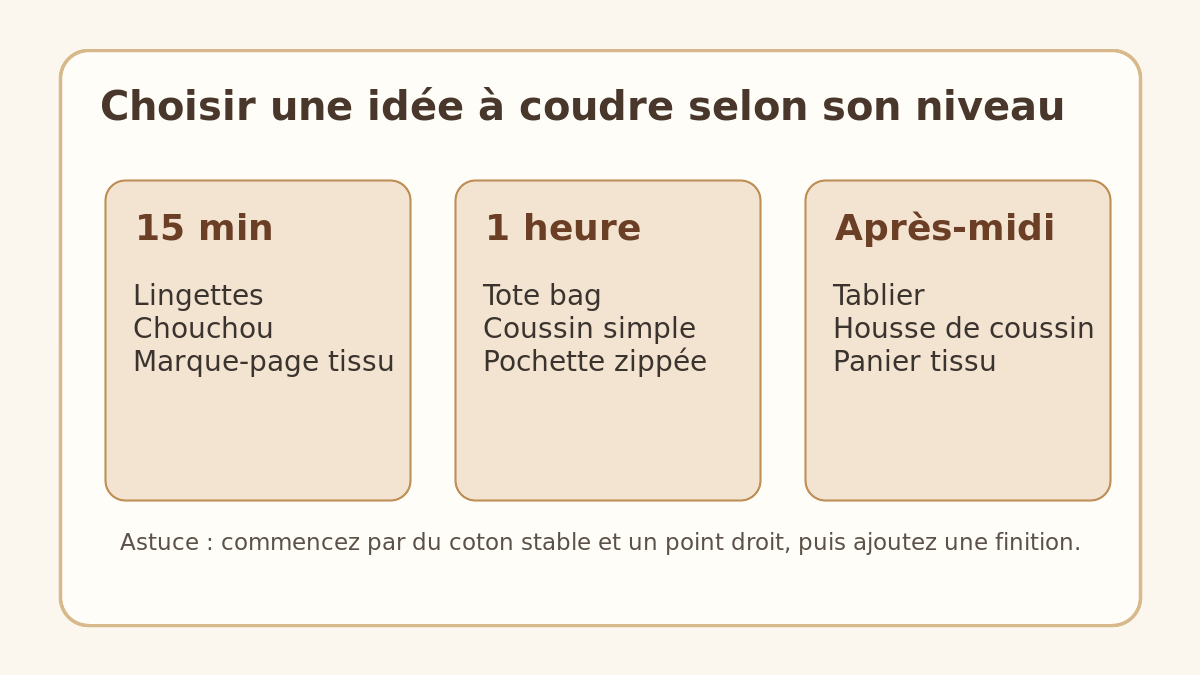 Tableau d'idées à coudre classées par temps et niveau