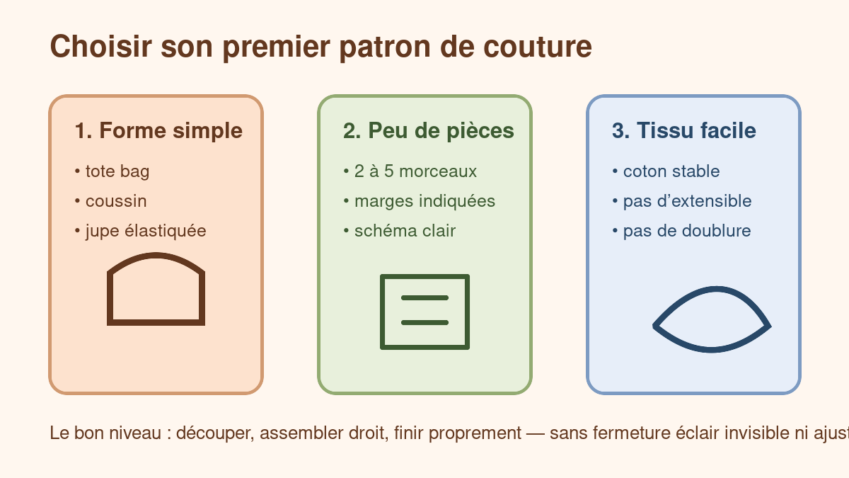 Schéma pour choisir un patron débutant en couture : forme simple, peu de pièces et tissu facile