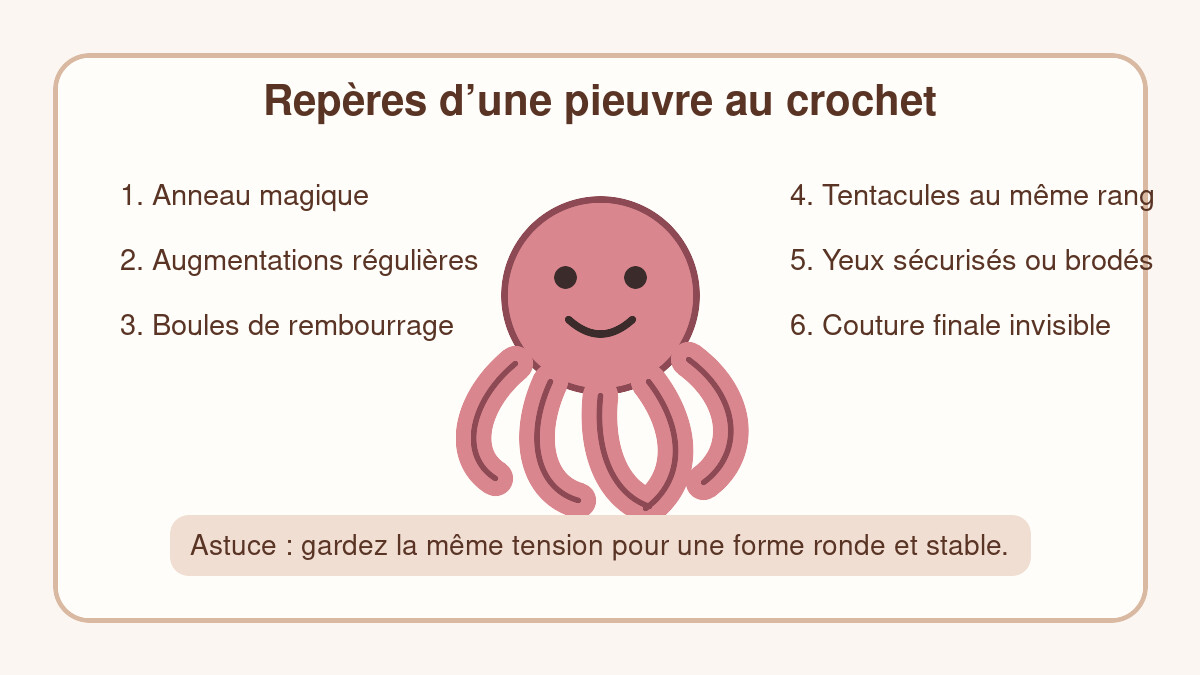 Schéma des étapes pour réaliser une pieuvre au crochet