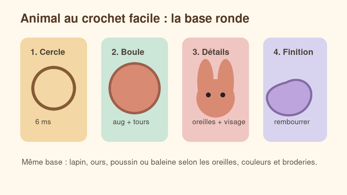 Schéma des étapes pour crocheter un animal facile en amigurumi