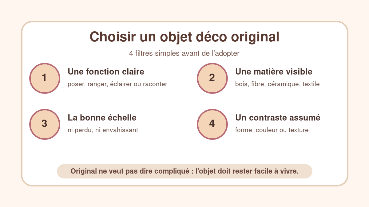 Schéma pour choisir un objet déco original selon fonction matière échelle et contraste
