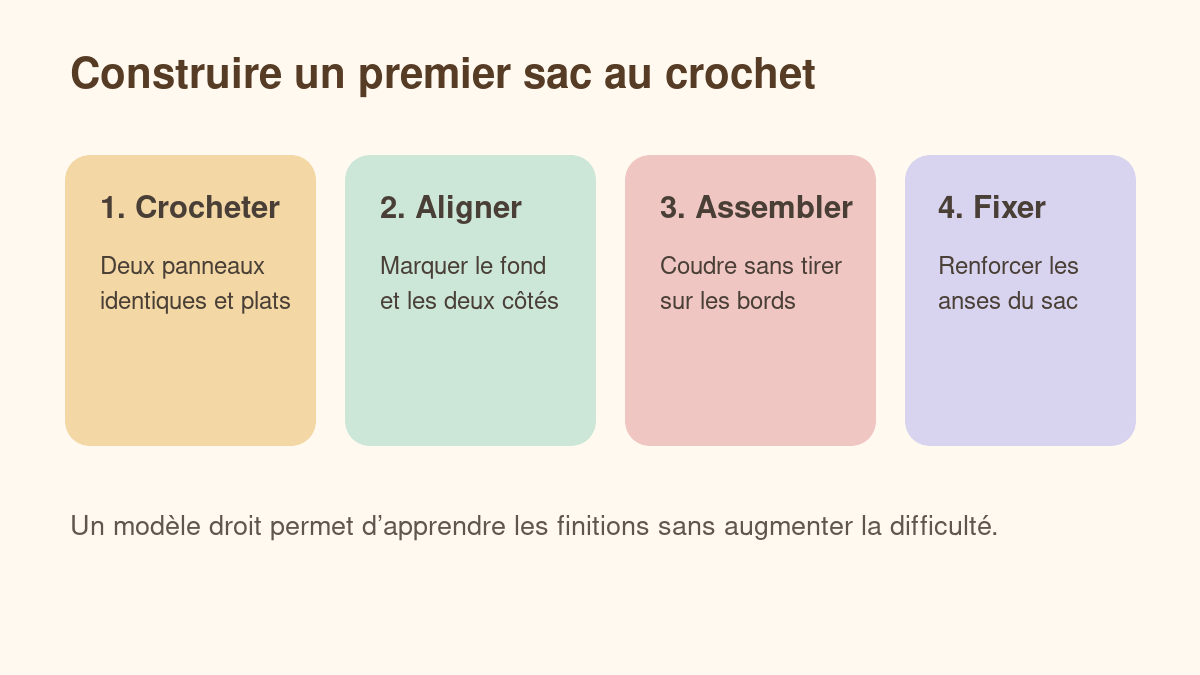 Étapes d’un patron de sac crochet débutant : panneaux, assemblage et anses