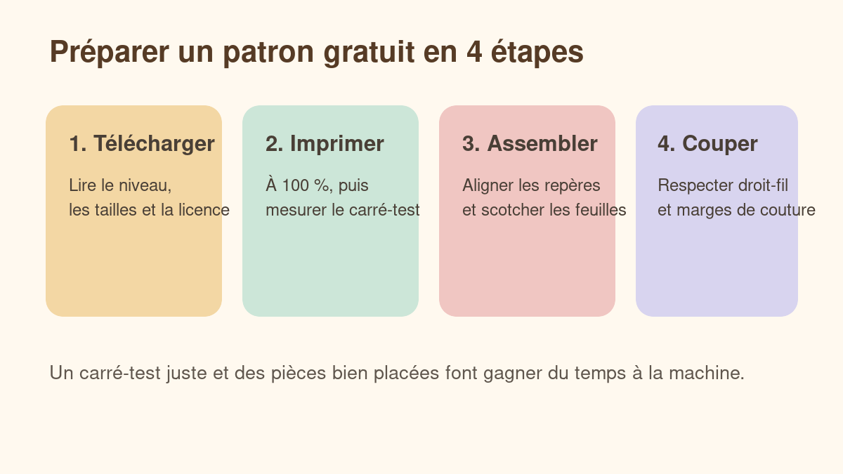 Étapes pour préparer un patron de couture gratuit : télécharger, imprimer, vérifier puis couper