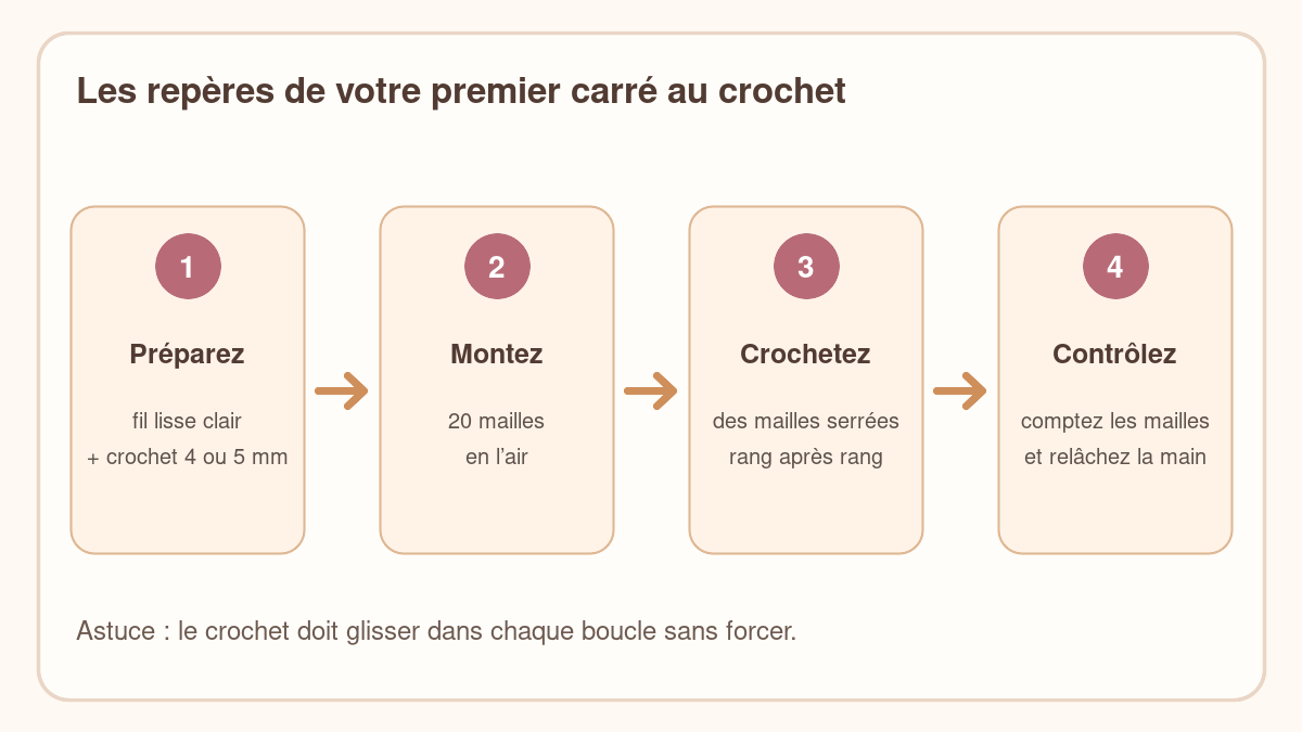 Repères illustrés pour réaliser un premier carré au crochet
