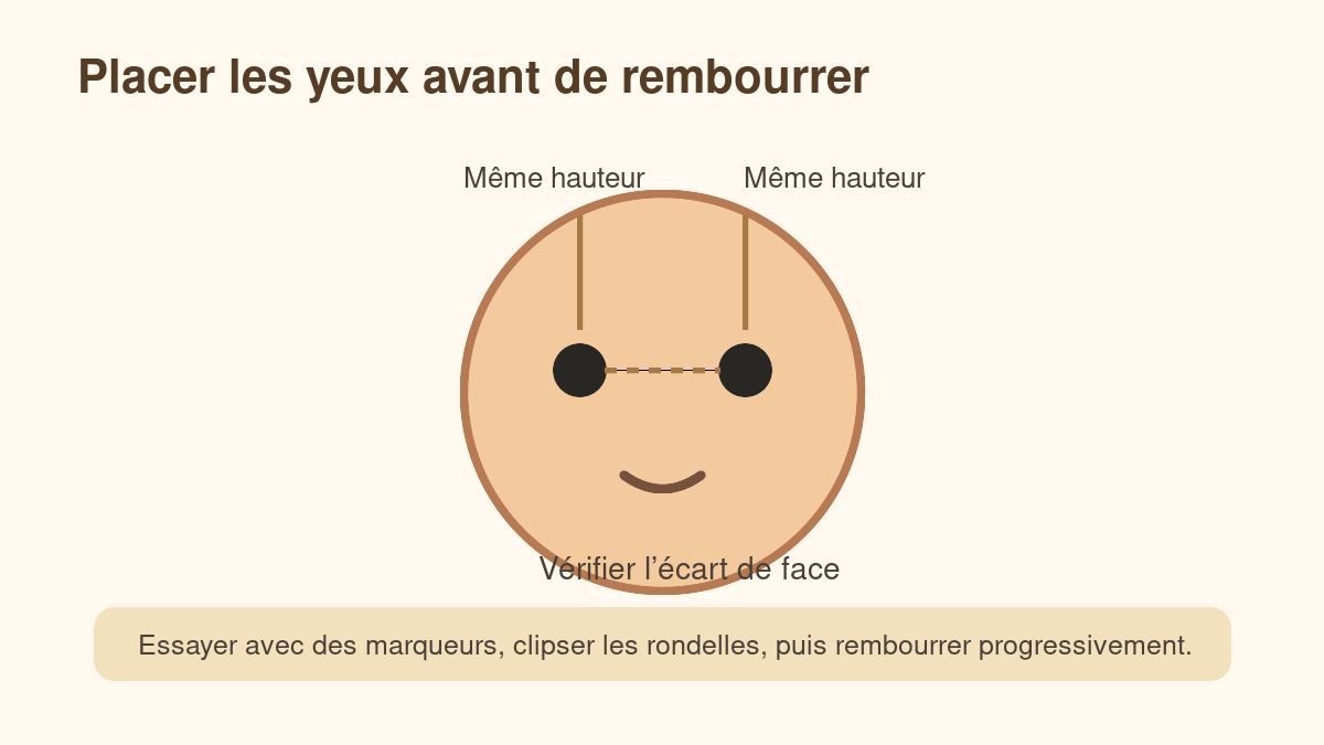 Repères pour placer les yeux de sécurité sur une tête d’amigurumi