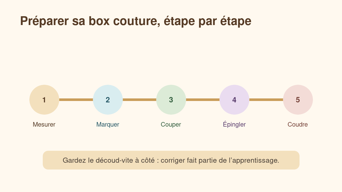 Organisation d’une box couture débutant avec les outils dans l’ordre d’utilisation