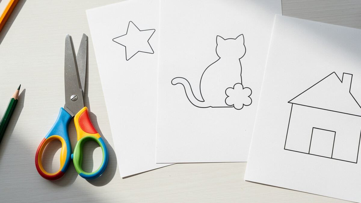 Feuilles avec des dessins simples de chat, étoile et maison à découper, avec des ciseaux