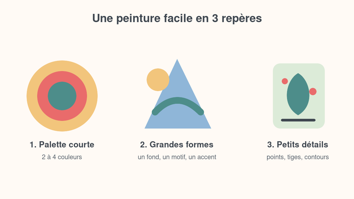 Repère visuel en trois étapes pour créer une peinture facile : palette courte, grandes formes et petits détails