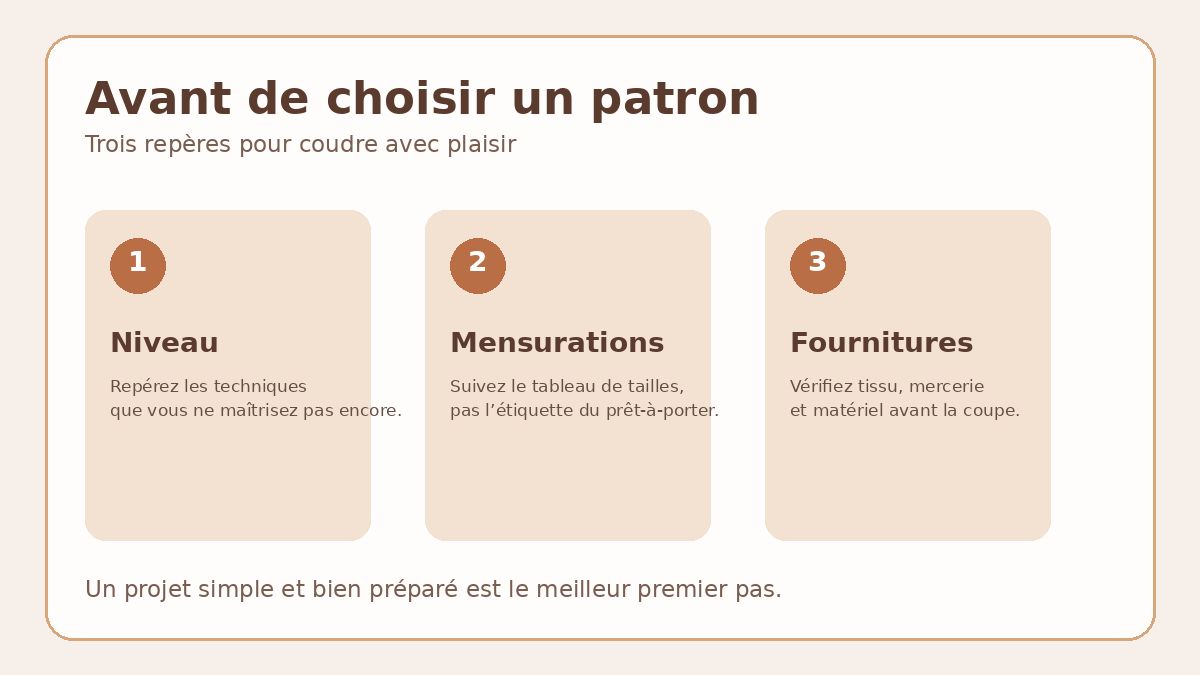 Mémo pour choisir un patron de couture : niveau, taille et fournitures