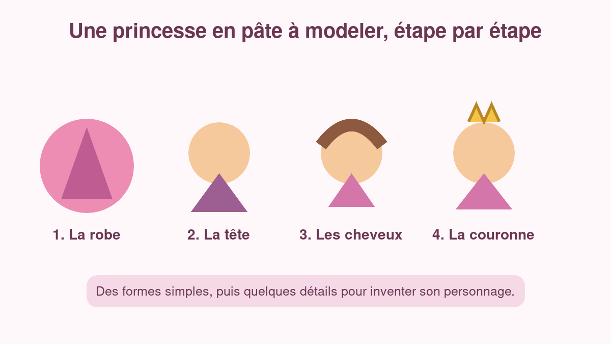 Les quatre étapes pour modeler une princesse en pâte à modeler