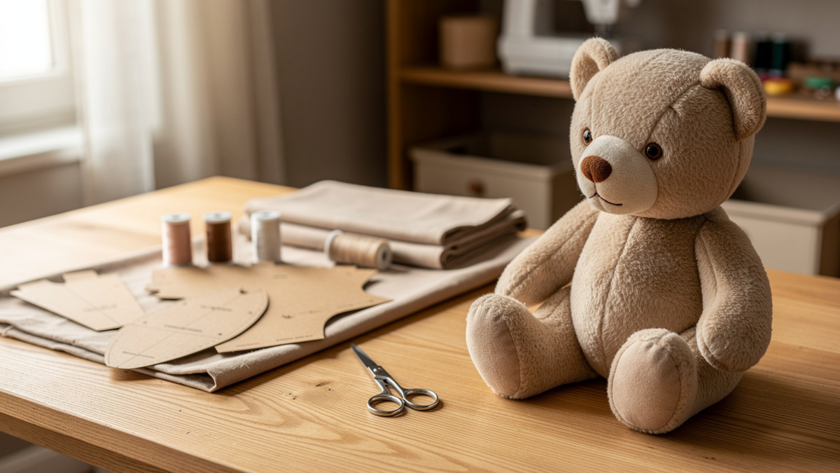 Ours en peluche beige sur une table de couture avec pièces de patron et tissu