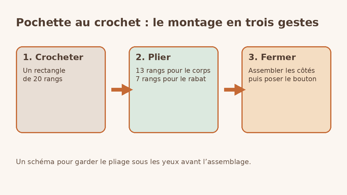 Schéma des étapes pour plier et fermer une pochette au crochet